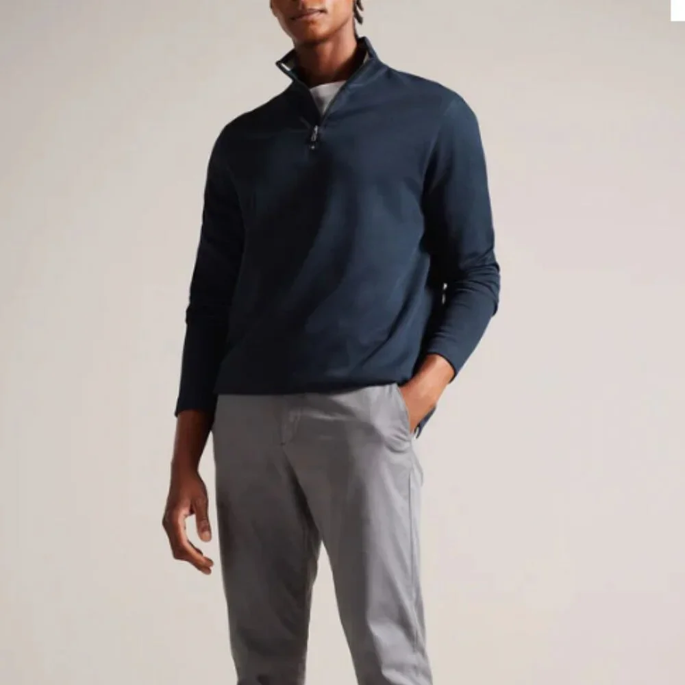 Ted Baker Mens Size 5 / XL Morric Navy Blue Cotton Waffle Pullover Top 1/4 Zip